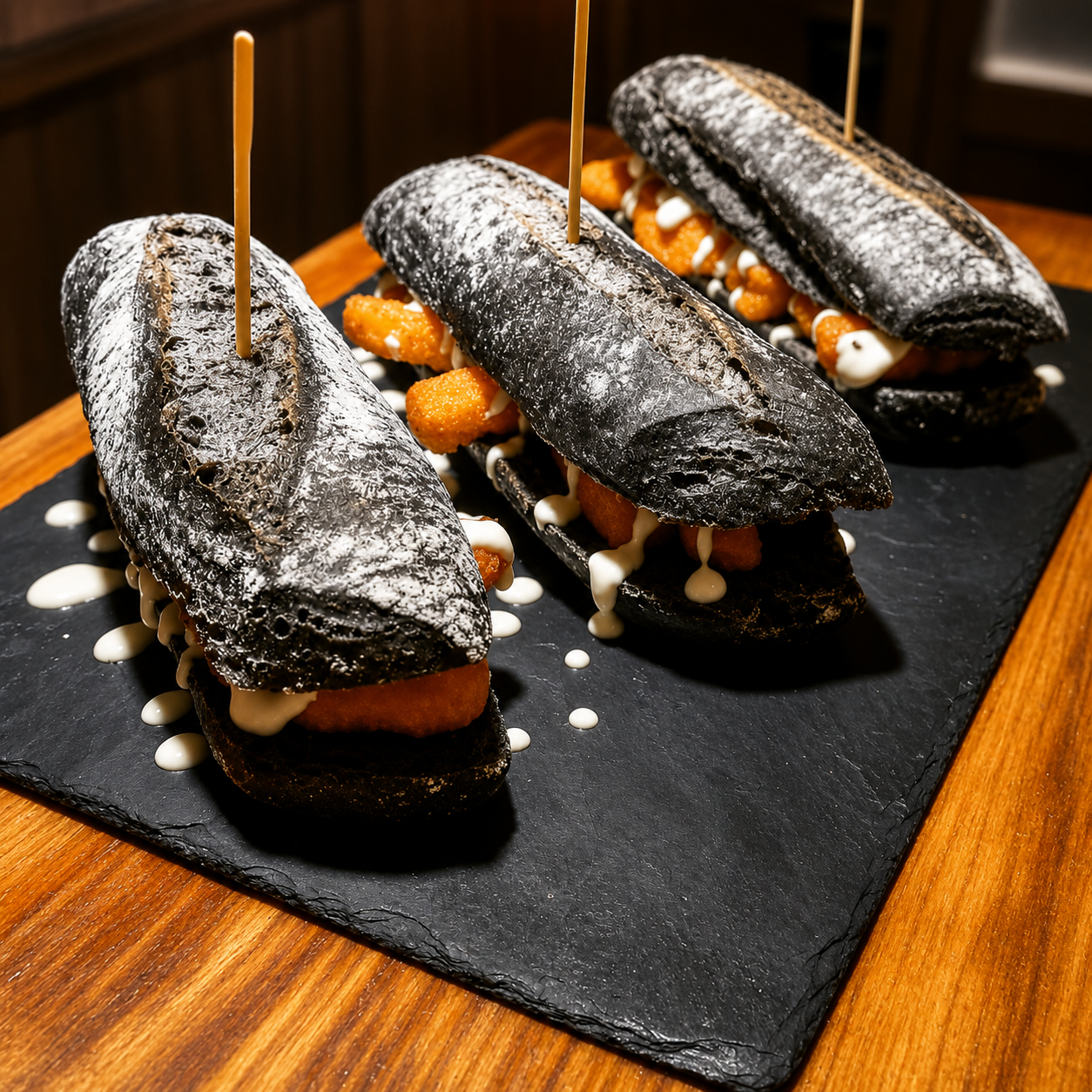 Brioche negro crujiente servido en Tapas y Pintxos Goya de Móstoles