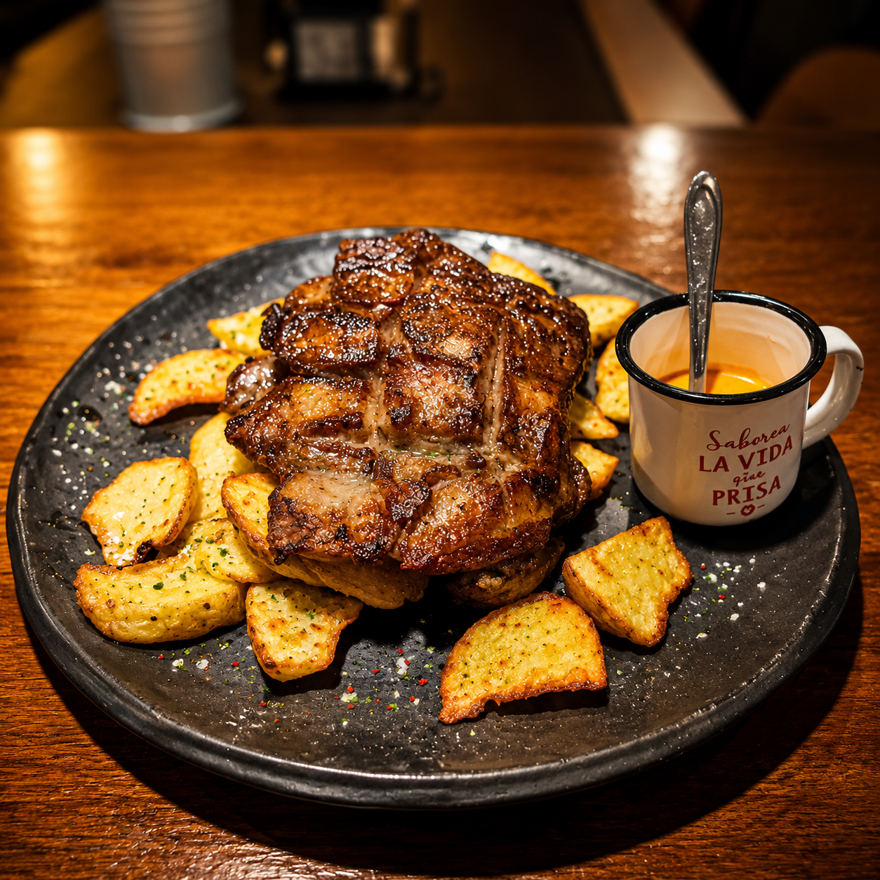 Carne a la parrilla con patatas servida en Tapas y Pintxos Goya de Móstoles