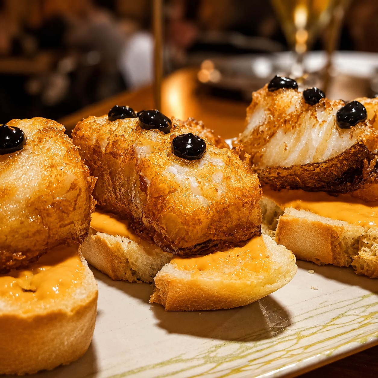Pintxo de bacalao en tempura crujiente con alioli de ajo negro en Tapas y Pintxos Goya